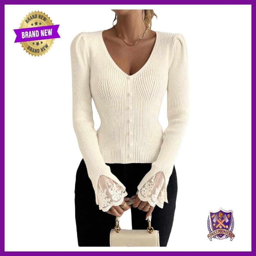 V-Neck Lace Long Sleeve Sweater Pearl Beaded Rib Knit Top